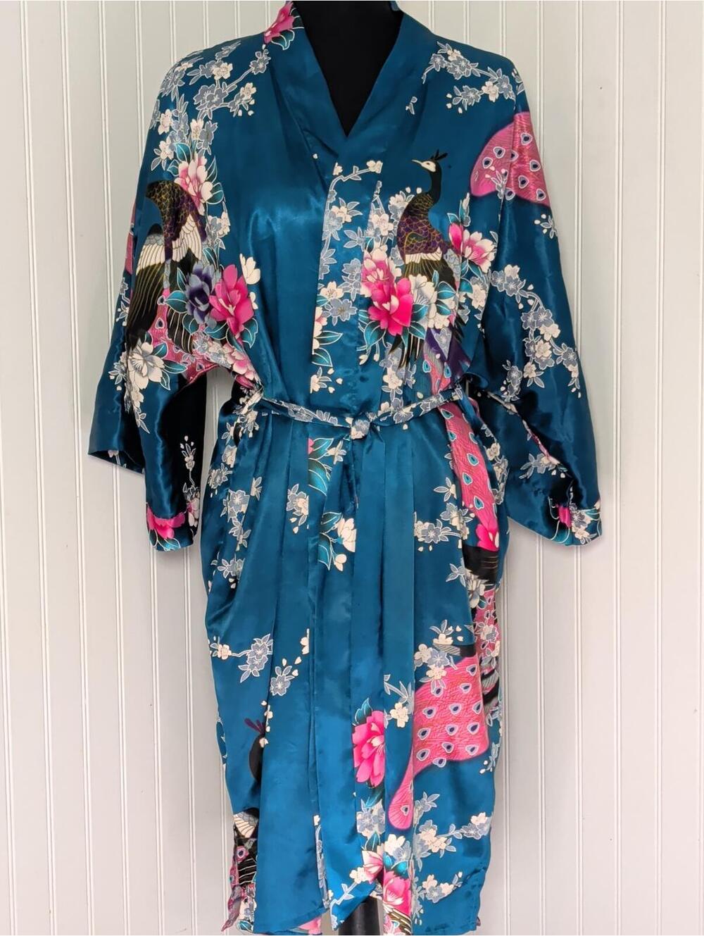 Teal Satin Babeyond Peacock Kimono Robe with Floral Print